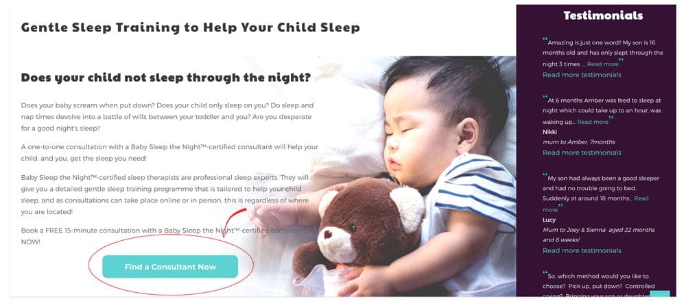 Persuasion architecture - Using customer psychology to direct the eye to the CTA - A bright bold button and the baby appears to be pointing at it