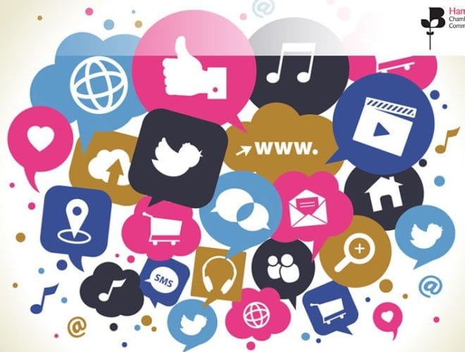 Overlapping speech bubbles with social media icons - join this advanced social media training workshop on 9th September 2020