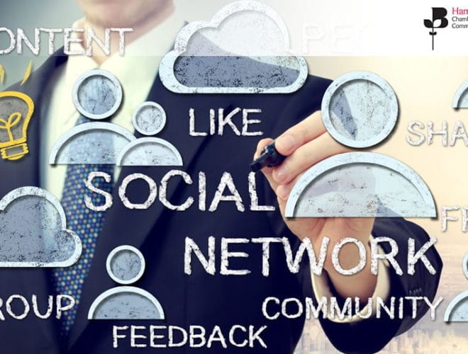 Social media text with man in the background writing with a marker - join the advanced social media training course on 14th April 2020