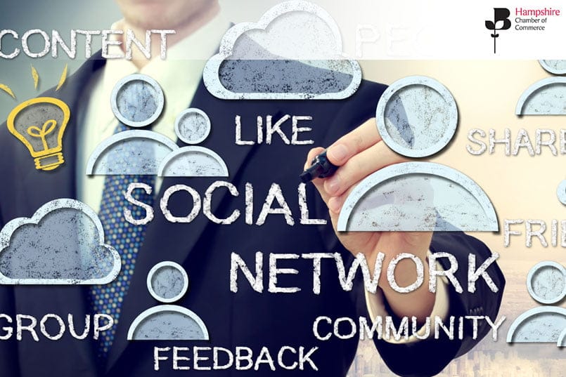 Social media text with man in the background writing with a marker - join the advanced social media training course on 14th April 2020