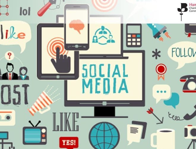 A collage of social media buzzwords - join the advanced social media training course on 24th November 2020