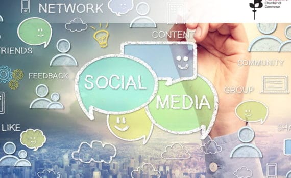 Social Media in a speech bubble with a hand in the background - join this workshop on social media for beginners on 11th March 2020