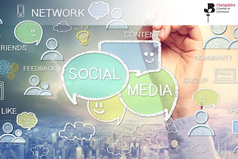 Social Media in a speech bubble with a hand in the background - join this workshop on social media for beginners on 11th March 2020