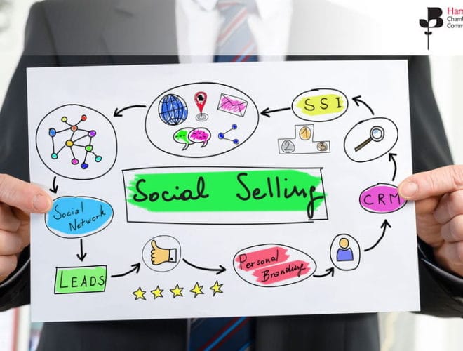 Man holding a piece of paper with social selling on it - join our social selling workshop on 27th October 2020