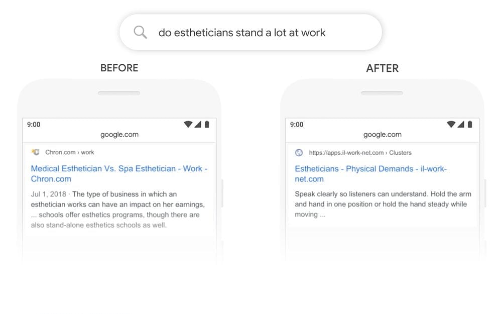 Screenshot of query 'Do aestheticians stand a lot at work' - Before and after BERT update