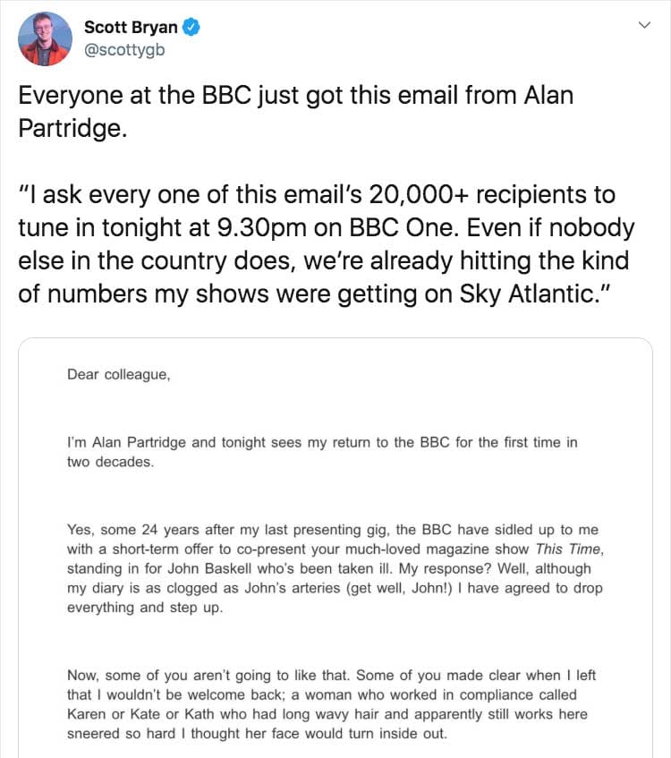 Screenshot of Scott Bryan's tweet with Alan Partridge's letter