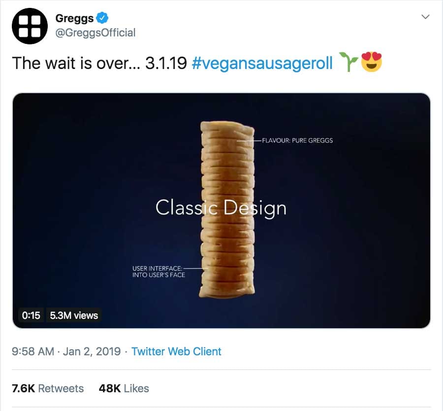 Screenshot of Gregg's tweet to announce the vegan sausage roll, with an ad that looks like it's for an Apple product