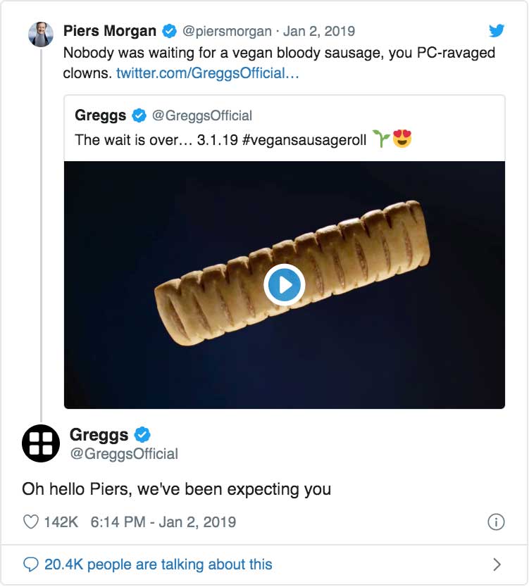 Screenshot of Piers Morgan's reaction to the announcement of the vegan sausage roll and Gregg's response to him