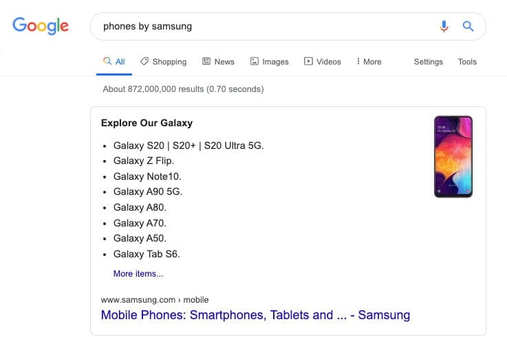 Screenshot of a bulleted list featured snippet for the query "phones by samsung"
