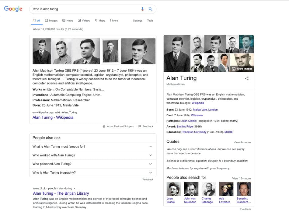 Screenshot of a knowledge graph for the search query "who is alan turing"