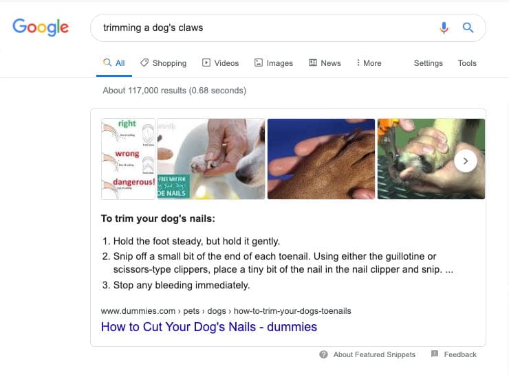 Screenshot of a numbered featured list snippet for the query "trimming a dog's claws"