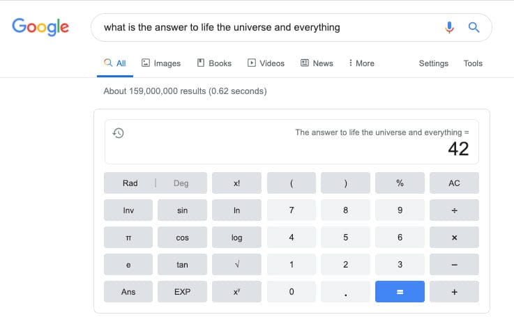 Screenshot of a rich answer snippet for the search query "what is the answer to life, the universe, and everything"