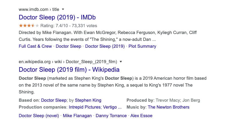 Screenshot of a rich snippet for search query "Doctor Sleep"
