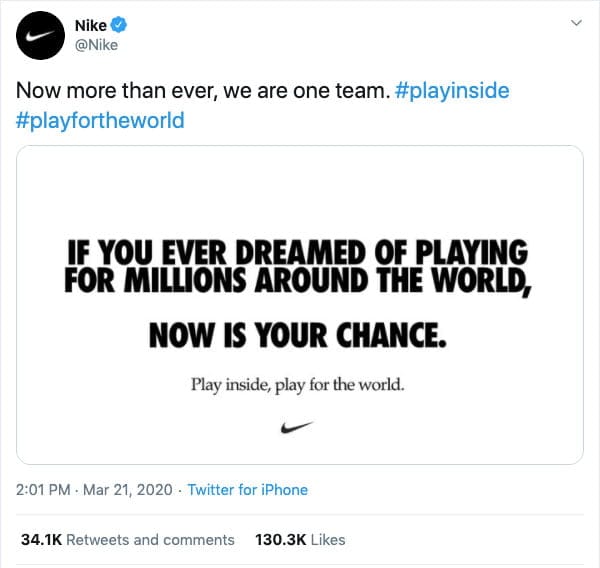 Screenshot of Nike's Twitter post -one of the best marketing campaigns during the lockdown