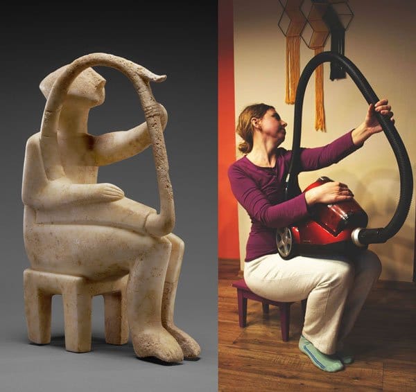 Getty museum campaign to recreate famous works of art at home - woman with vacuum cleaner as harp