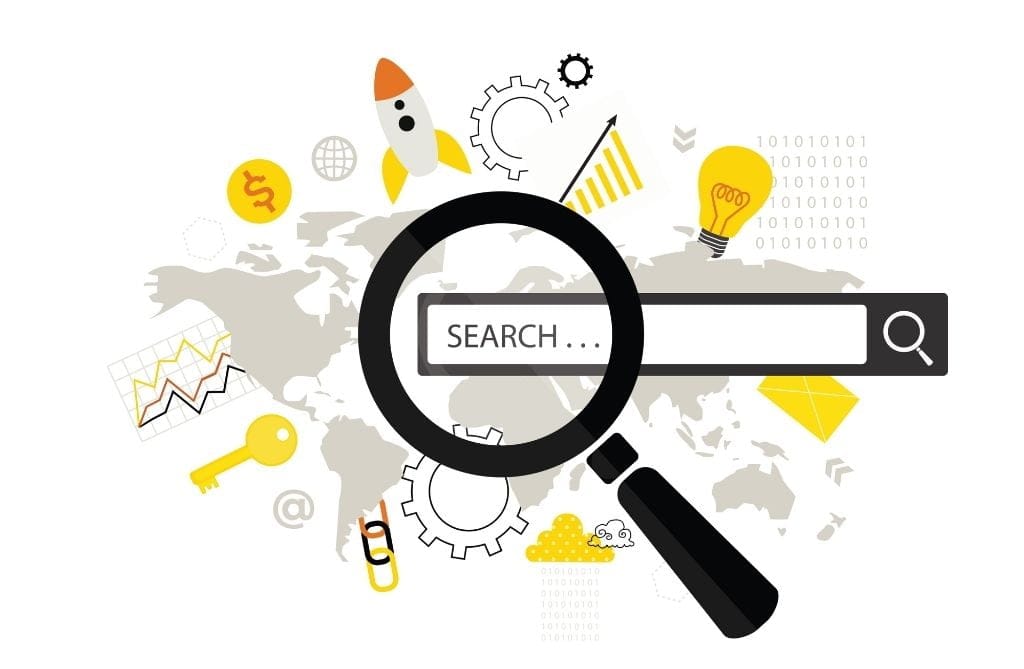 A magnifying glass over a web search box