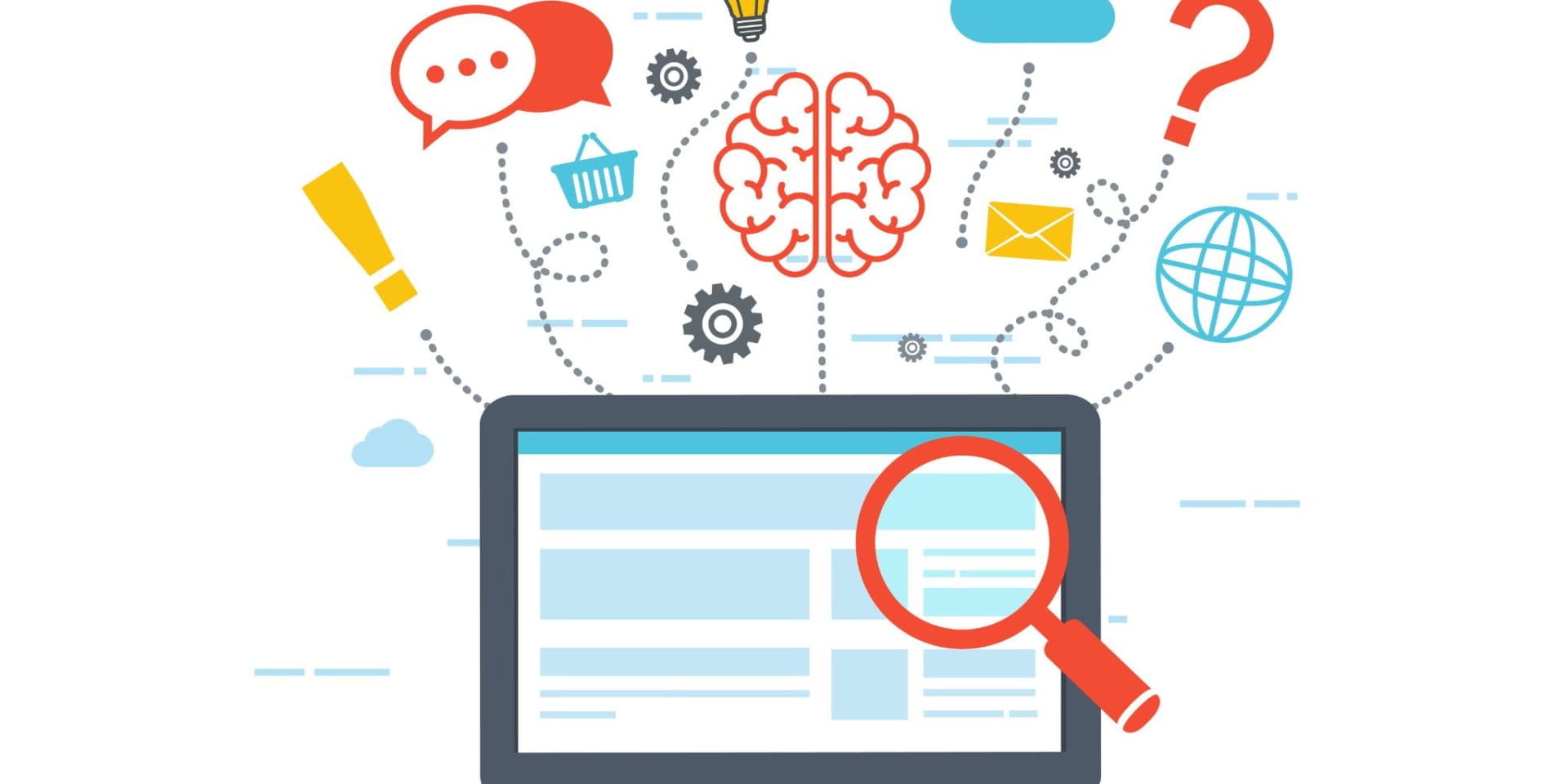 A laptop with a jumble of ideas icons above it