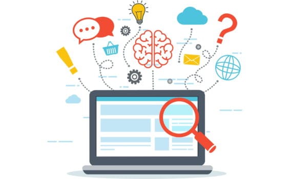 A laptop with a jumble of ideas icons above it