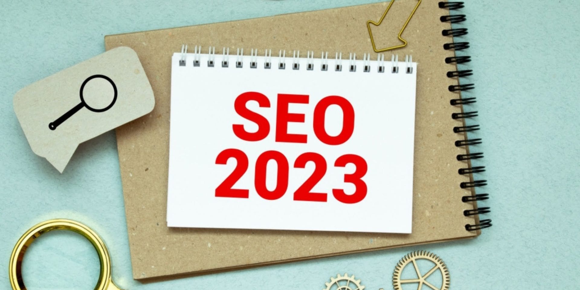 A notepad displaying the words SEO 2023