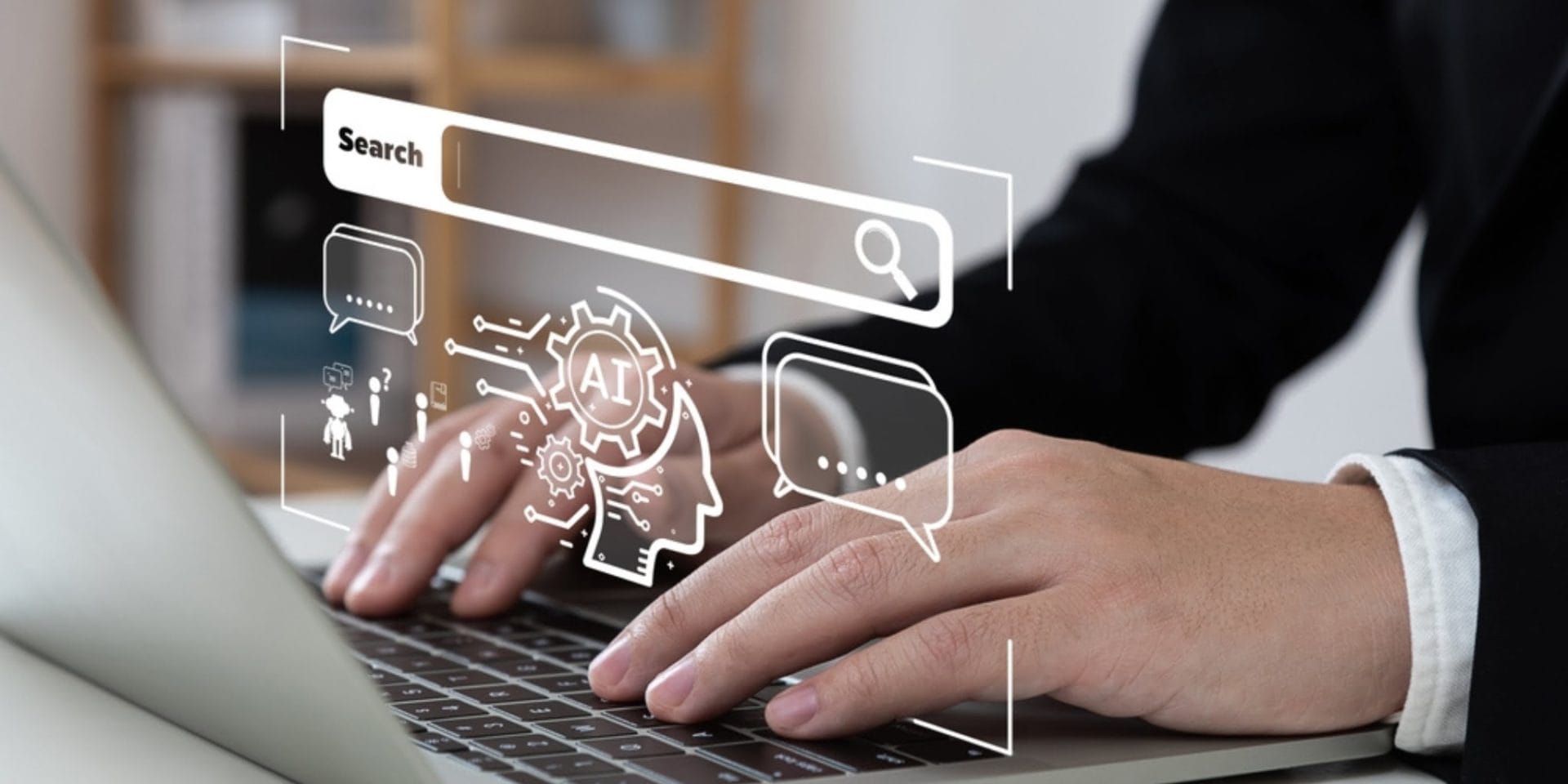 A stylised image of someone using a laptop to search with AI