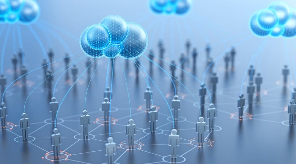 figures joined together beneath a floating cloud, stylised