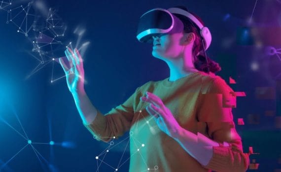 A person using a VR headset in a stylised background