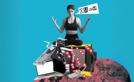 An image of a woman sitting on top of computers, laptops, and mobile phones while practicing mindfulness - stylised.