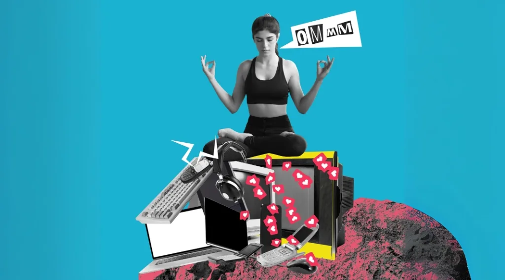 An image of a woman sitting on top of computers, laptops, and mobile phones while practicing mindfulness - stylised.