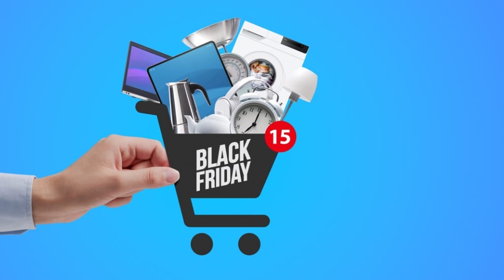 AN IMAGE OF A shopping cart, stylised, reading black friday