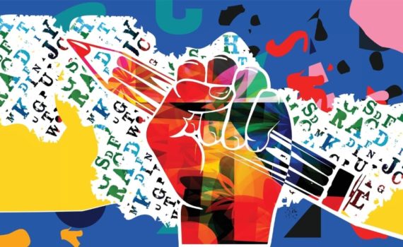 A stylised, multicoloured illustration of a fist grasping a pencil against a collage background