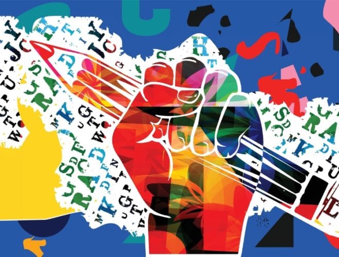 A stylised, multicoloured illustration of a fist grasping a pencil against a collage background