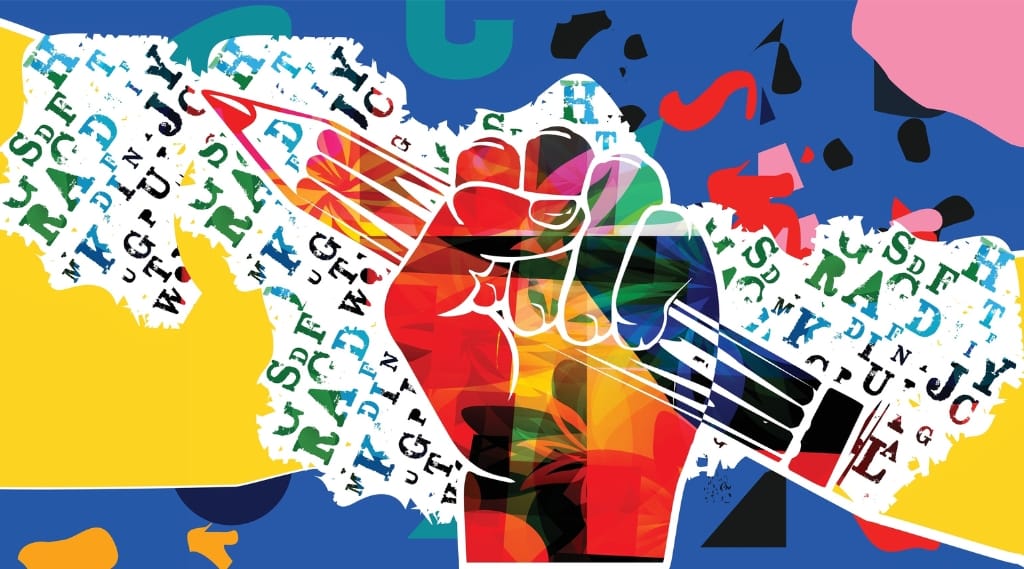 A stylised, multicoloured illustration of a fist grasping a pencil against a collage background