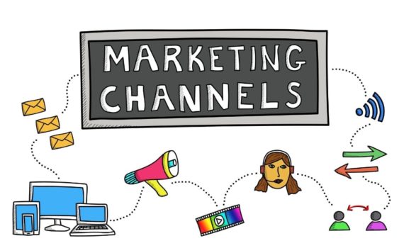 an illustration of people, computers, and a sign saying 'marketing channels.'