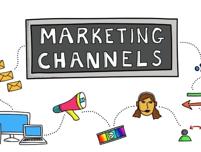 an illustration of people, computers, and a sign saying 'marketing channels.'
