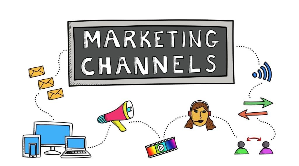 an illustration of people, computers, and a sign saying 'marketing channels.'