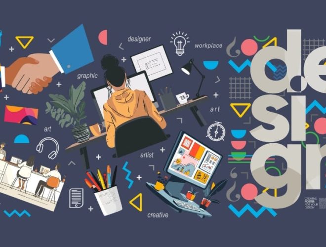 A stylised image representing graphic design with handshakes, a woman at a computer, and the word 'design.'