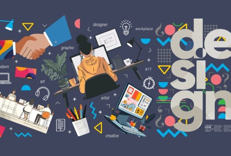 A stylised image representing graphic design with handshakes, a woman at a computer, and the word 'design.'