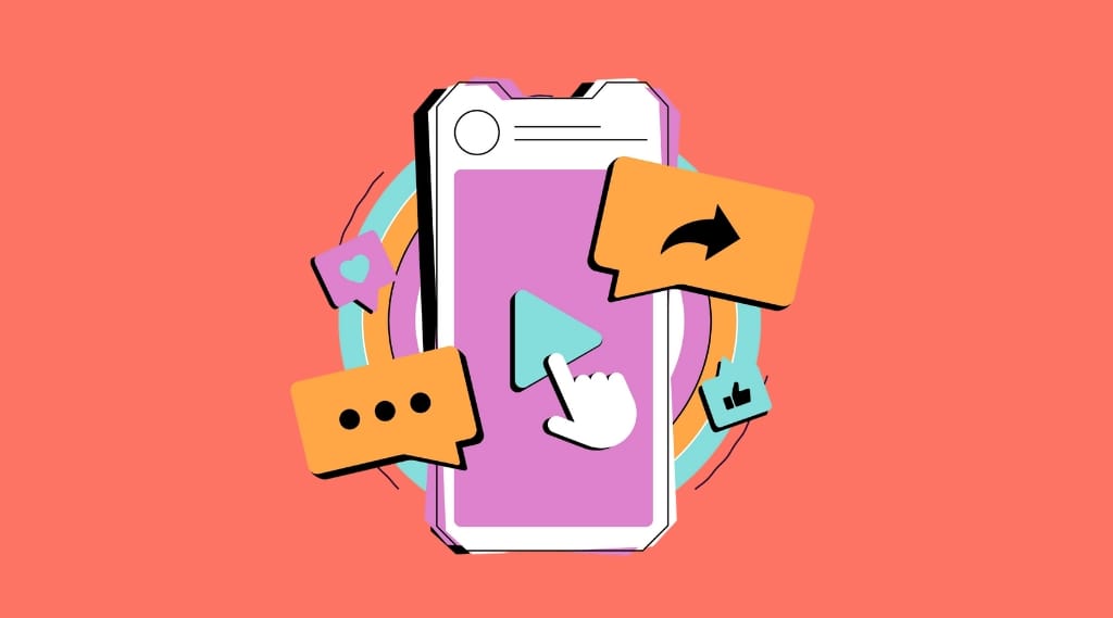 A stylised image of a phone with someone hitting the 'play' button