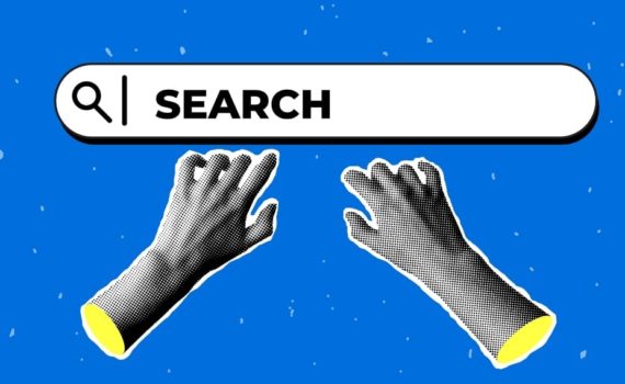 A stylised pair of hands next to a search bar