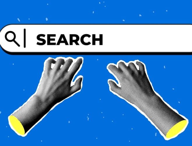 A stylised pair of hands next to a search bar