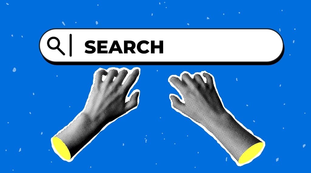 A stylised pair of hands next to a search bar