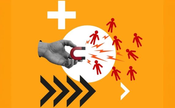 a stylised image of a hand holding a magnet attracting red figures symbolising lead generation