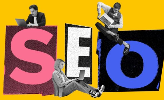 A stylised image of SEO with people on laptops