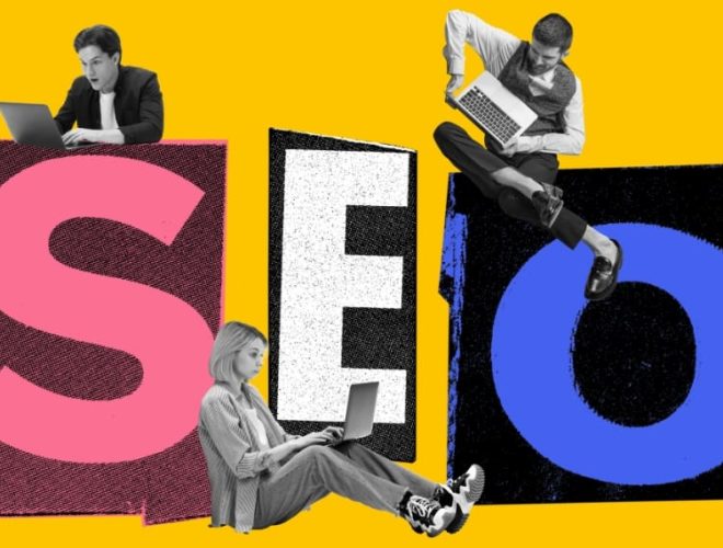 A stylised image of SEO with people on laptops