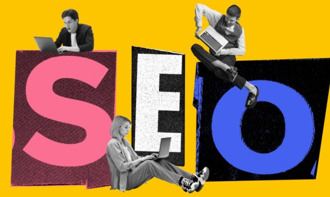 A stylised image of SEO with people on laptops