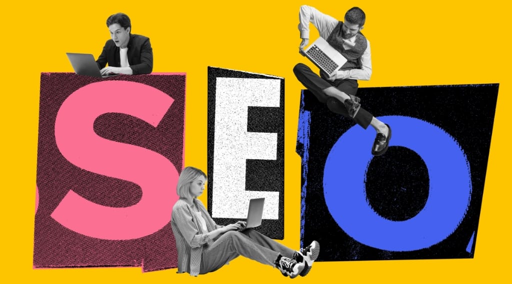 A stylised image of SEO with people on laptops