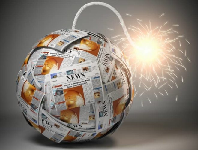 A spherical time bomb made entirely of rolled-up newspaper pages with headlines, lit fuse sparkling, symbolising explosive media attention.