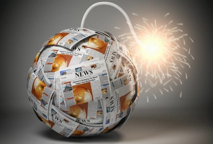 A spherical time bomb made entirely of rolled-up newspaper pages with headlines, lit fuse sparkling, symbolising explosive media attention.