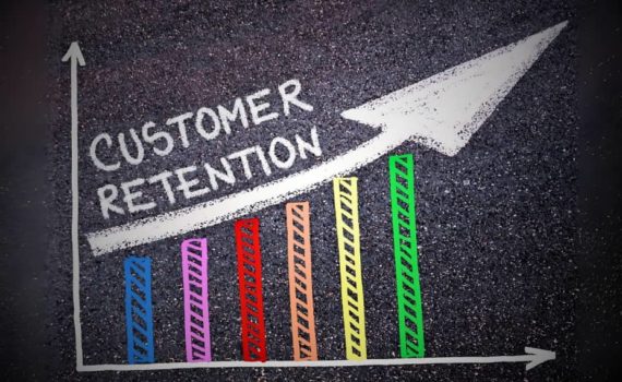 Chalkboard-style graph with rising bars and “Customer Retention” text, representing Rs and Cs of retention.