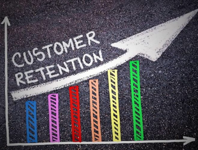 Chalkboard-style graph with rising bars and “Customer Retention” text, representing Rs and Cs of retention.